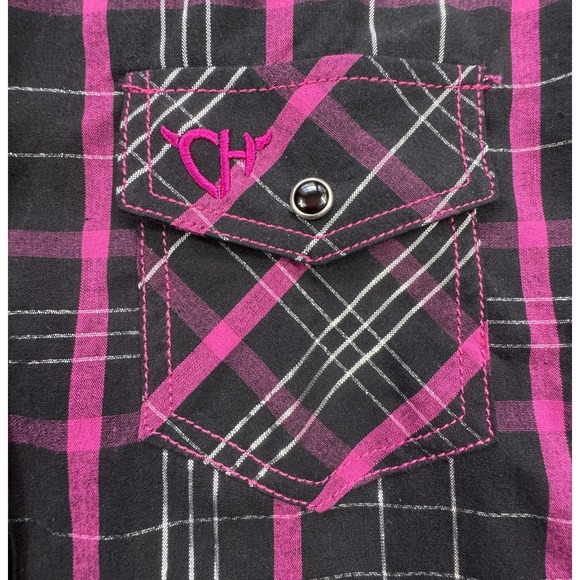 Cowgirl Hardware Plaid Western Snap Shirt Girls L 10 12 Bling Pink Black Silver - Picture 5 of 16